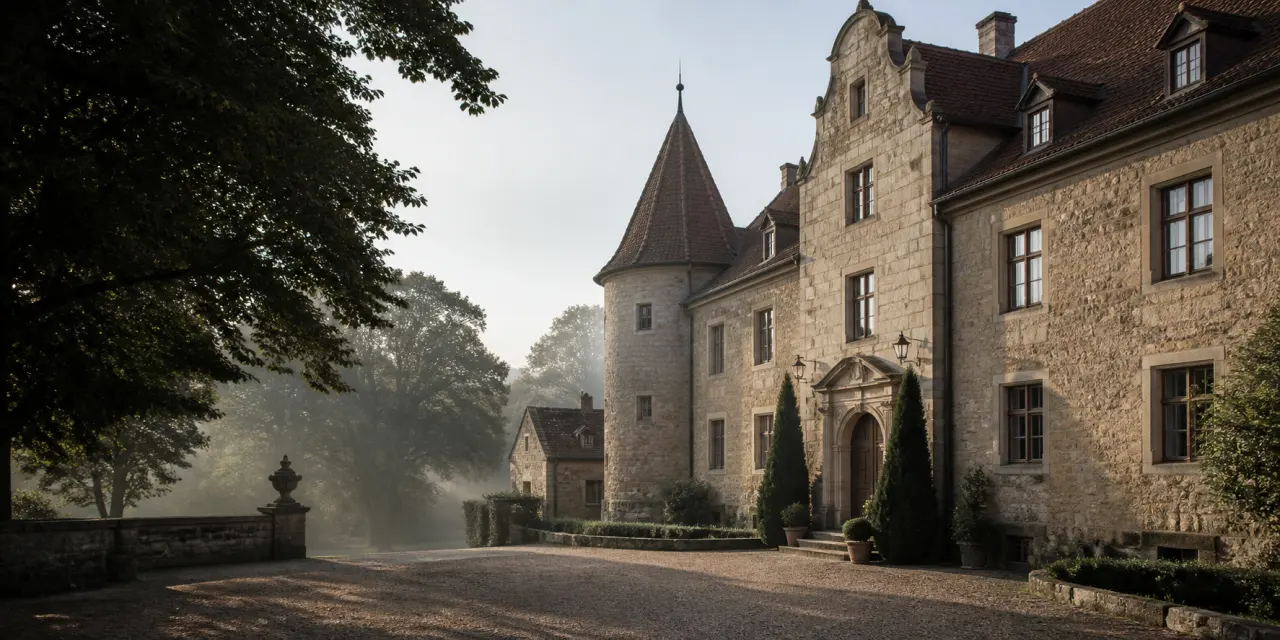 Historisches Steingebäude an einem stillen Hof im Morgenlicht